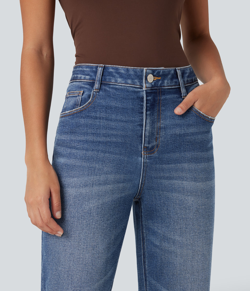High Waisted Ripped Straight Leg Casual Jeans with Pockets — Tide Blue Denim — view 6