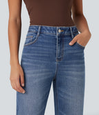High Waisted Ripped Straight Leg Casual Jeans with Pockets — Tide Blue Denim — view 6
