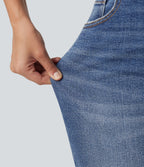 High Waisted Ripped Straight Leg Casual Jeans with Pockets — Tide Blue Denim — view 5