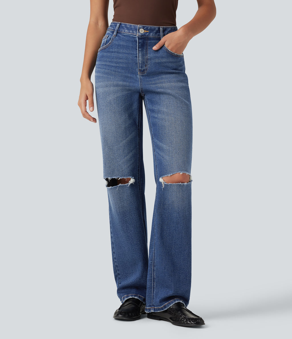 High Waisted Ripped Straight Leg Casual Jeans with Pockets — Tide Blue Denim — view 3