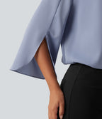 V Neck Flounce Long Sleeve Curved Hem Work Blouse — Rain Washed — view 6