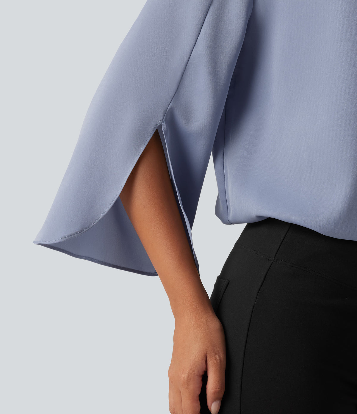 V Neck Flounce Long Sleeve Curved Hem Work Blouse — Rain Washed — view 6