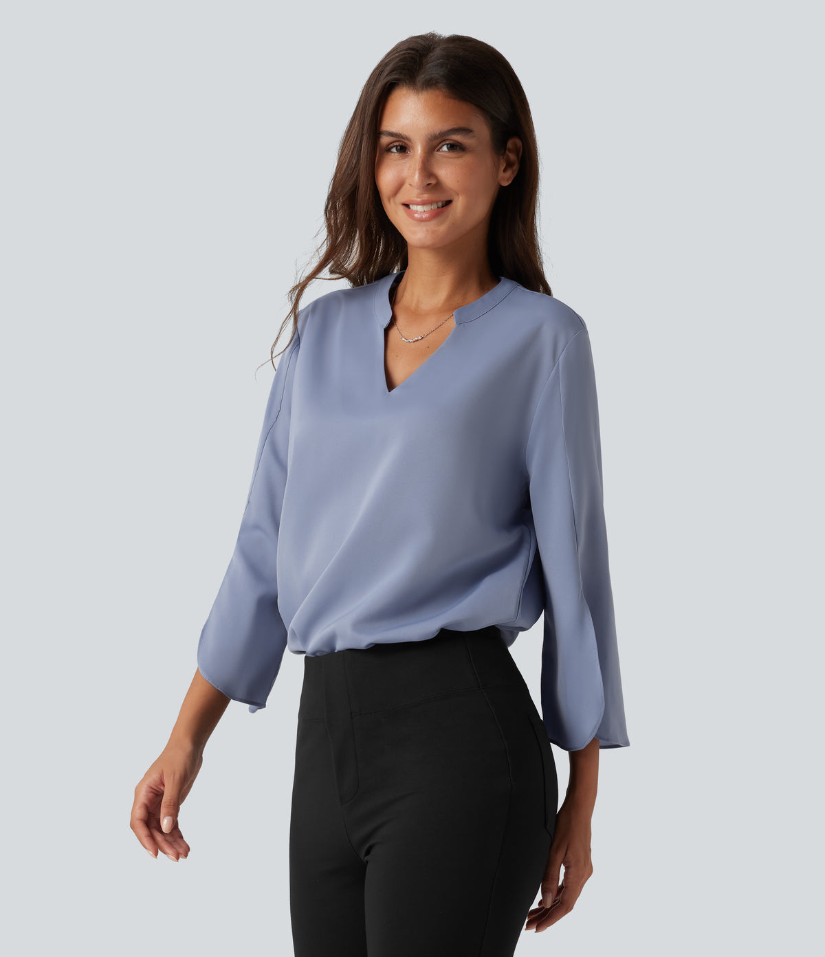 V Neck Flounce Long Sleeve Curved Hem Work Blouse — Rain Washed — view 3