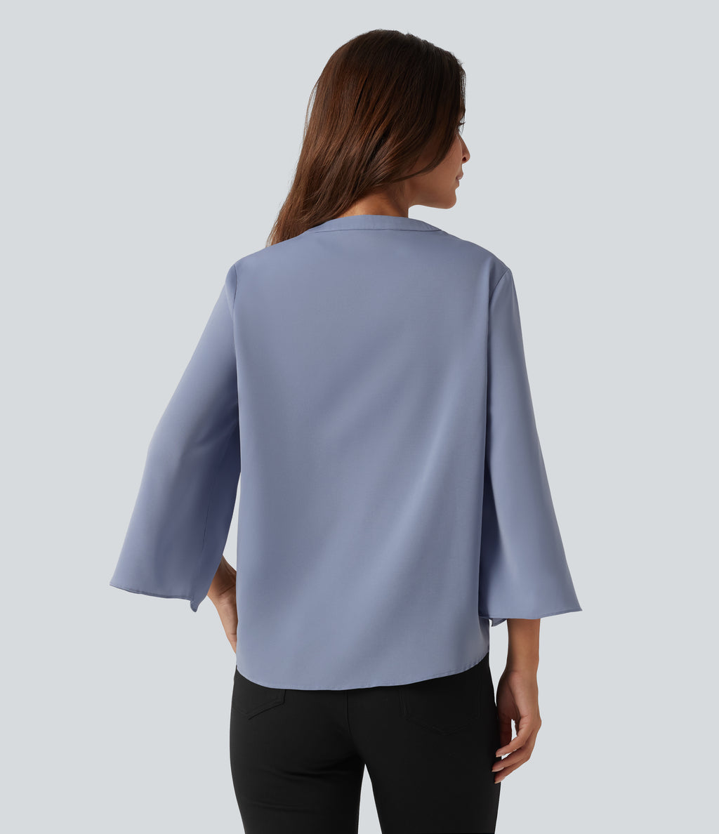 V Neck Flounce Long Sleeve Curved Hem Work Blouse — Rain Washed — view 2