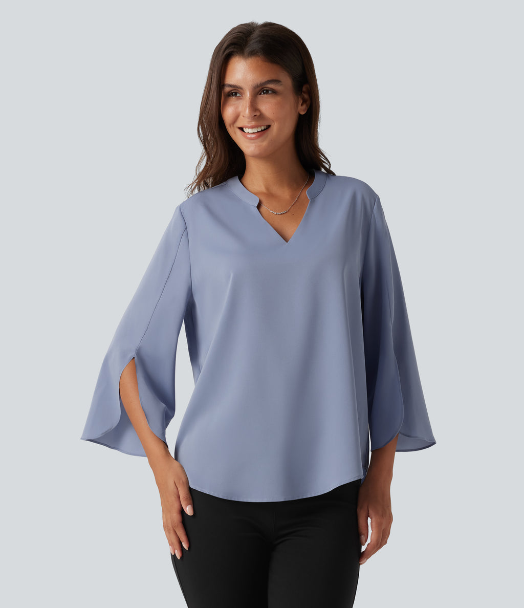 V Neck Flounce Long Sleeve Curved Hem Work Blouse — Rain Washed — view 4