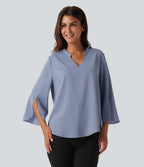 V Neck Flounce Long Sleeve Curved Hem Work Blouse — Rain Washed — view 4