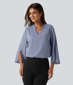 V Neck Flounce Long Sleeve Curved Hem Work Blouse — Rain Washed — view 5