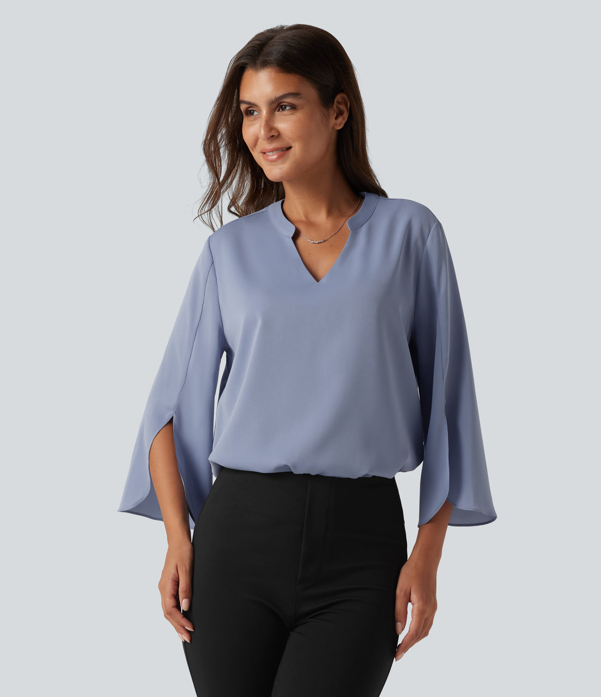 V Neck Flounce Long Sleeve Curved Hem Work Blouse — Rain Washed — view 5