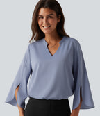 V Neck Flounce Long Sleeve Curved Hem Work Blouse — Rain Washed — view 1