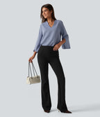 V Neck Flounce Long Sleeve Curved Hem Work Blouse — Rain Washed — view 7