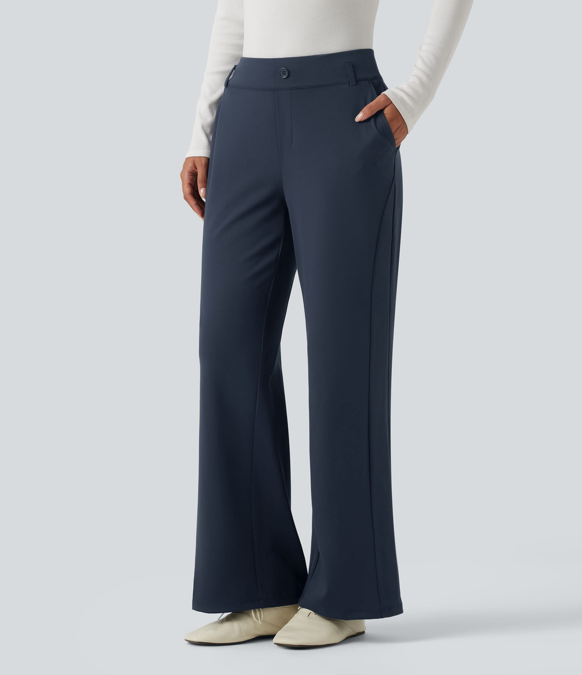 Mid Rise Flare Work Trousers with Pockets — Midnight Blue — view 3