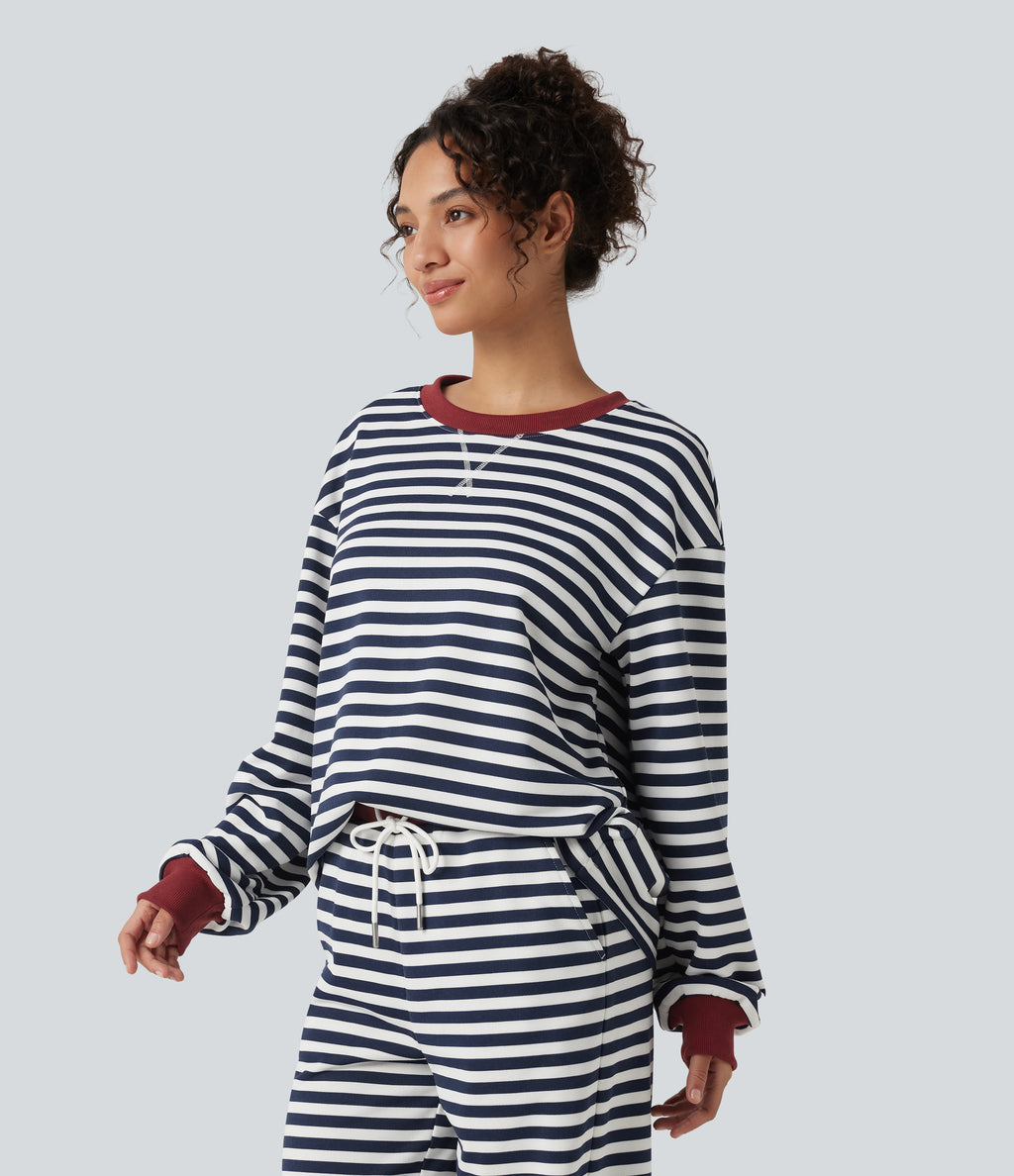 Round Neck Long Sleeve Striped Lounging Sweatshirt — Weekend Coast — view 3