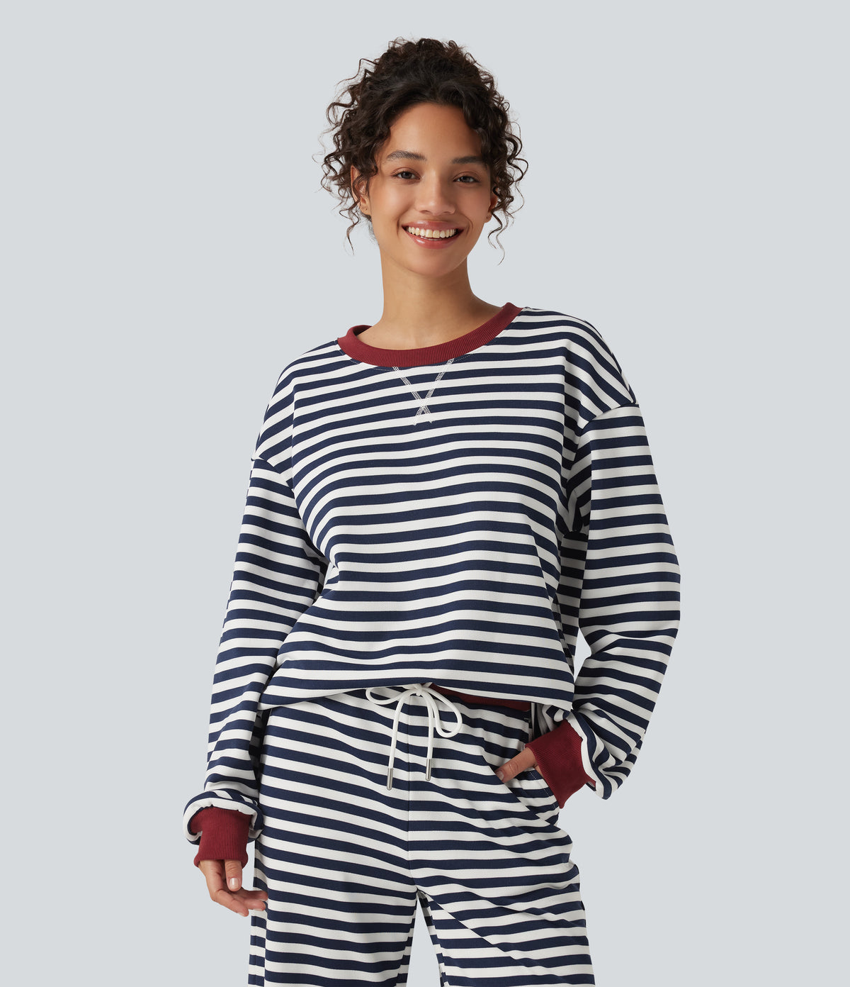 Round Neck Long Sleeve Striped Lounging Sweatshirt — Weekend Coast — view 1