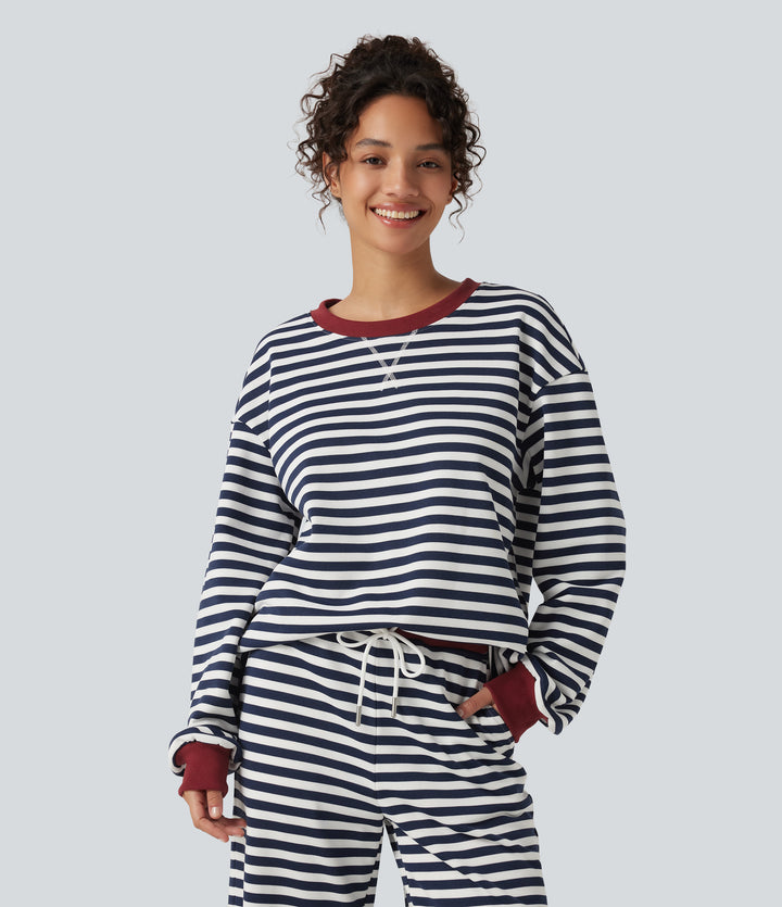 Round Neck Long Sleeve Striped Lounging Sweatshirt — Weekend Coast — view 1