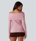Off Shoulder Long Sleeve Thumb Hole Work Jumper — Primrose Pink — view 2