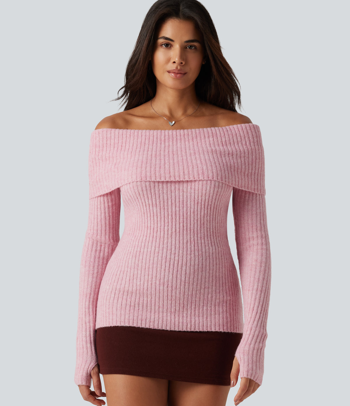 Off Shoulder Long Sleeve Thumb Hole Work Jumper — Primrose Pink — view 4