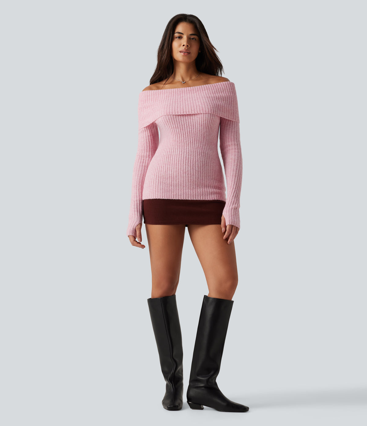 Off Shoulder Long Sleeve Thumb Hole Work Jumper — Primrose Pink — view 7