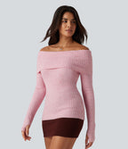 Off Shoulder Long Sleeve Thumb Hole Work Jumper — Primrose Pink — view 3