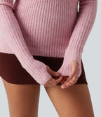 Off Shoulder Long Sleeve Thumb Hole Work Jumper — Primrose Pink — view 5