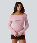 Off Shoulder Long Sleeve Thumb Hole Work Jumper — Primrose Pink — view 1