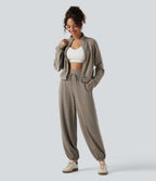 Ribbed High Waisted Tummy Control Side Stripe Drawstring Casual Joggers with Pockets — Taupe Stripe — view 6