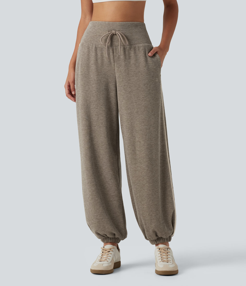 Ribbed High Waisted Tummy Control Side Stripe Drawstring Casual Joggers with Pockets — Taupe Stripe — view 1