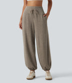 Ribbed High Waisted Tummy Control Side Stripe Drawstring Casual Joggers with Pockets — Taupe Stripe — view 1