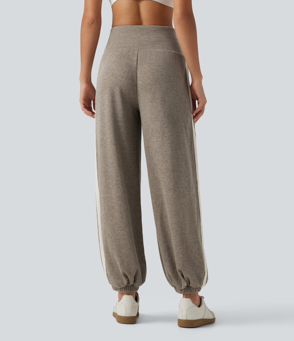 Ribbed High Waisted Tummy Control Side Stripe Drawstring Casual Joggers with Pockets — Taupe Stripe — view 2