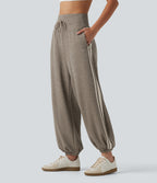 Ribbed High Waisted Tummy Control Side Stripe Drawstring Casual Joggers with Pockets — Taupe Stripe — view 3