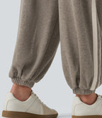 Ribbed High Waisted Tummy Control Side Stripe Drawstring Casual Joggers with Pockets — Taupe Stripe — view 5