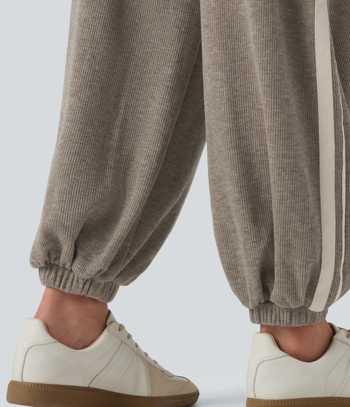 Ribbed High Waisted Tummy Control Side Stripe Drawstring Casual Joggers with Pockets — Taupe Stripe — view 5