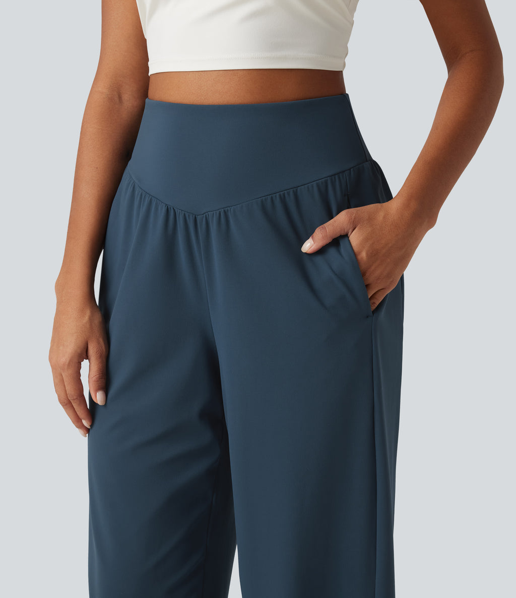 High Waisted Lace Up Yoga Joggers with Pockets — Majolica Blue — view 5
