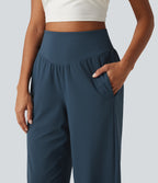 High Waisted Lace Up Yoga Joggers with Pockets — Majolica Blue — view 5