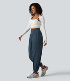 High Waisted Lace Up Yoga Joggers with Pockets — Majolica Blue — view 8