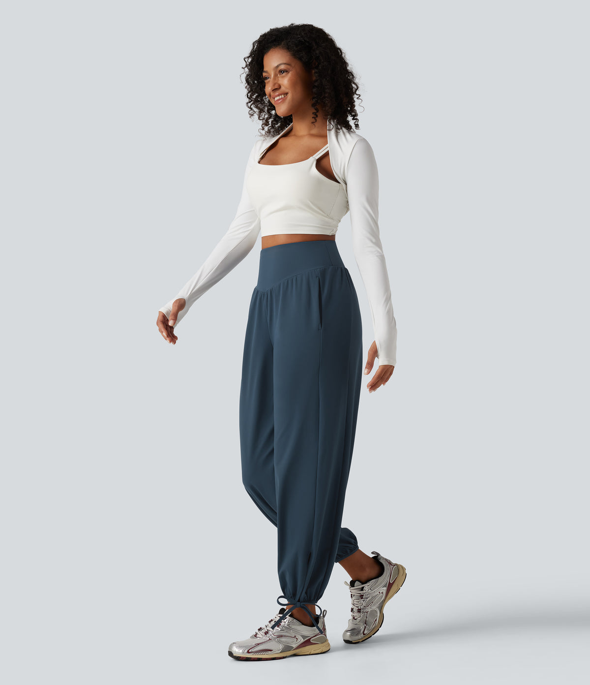 High Waisted Lace Up Yoga Joggers with Pockets — Majolica Blue — view 8