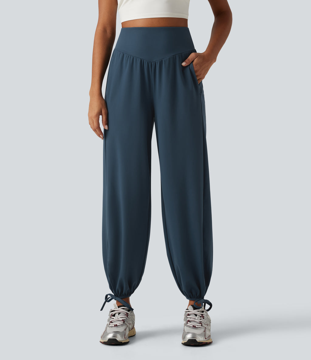 High Waisted Lace Up Yoga Joggers with Pockets — Majolica Blue — view 1