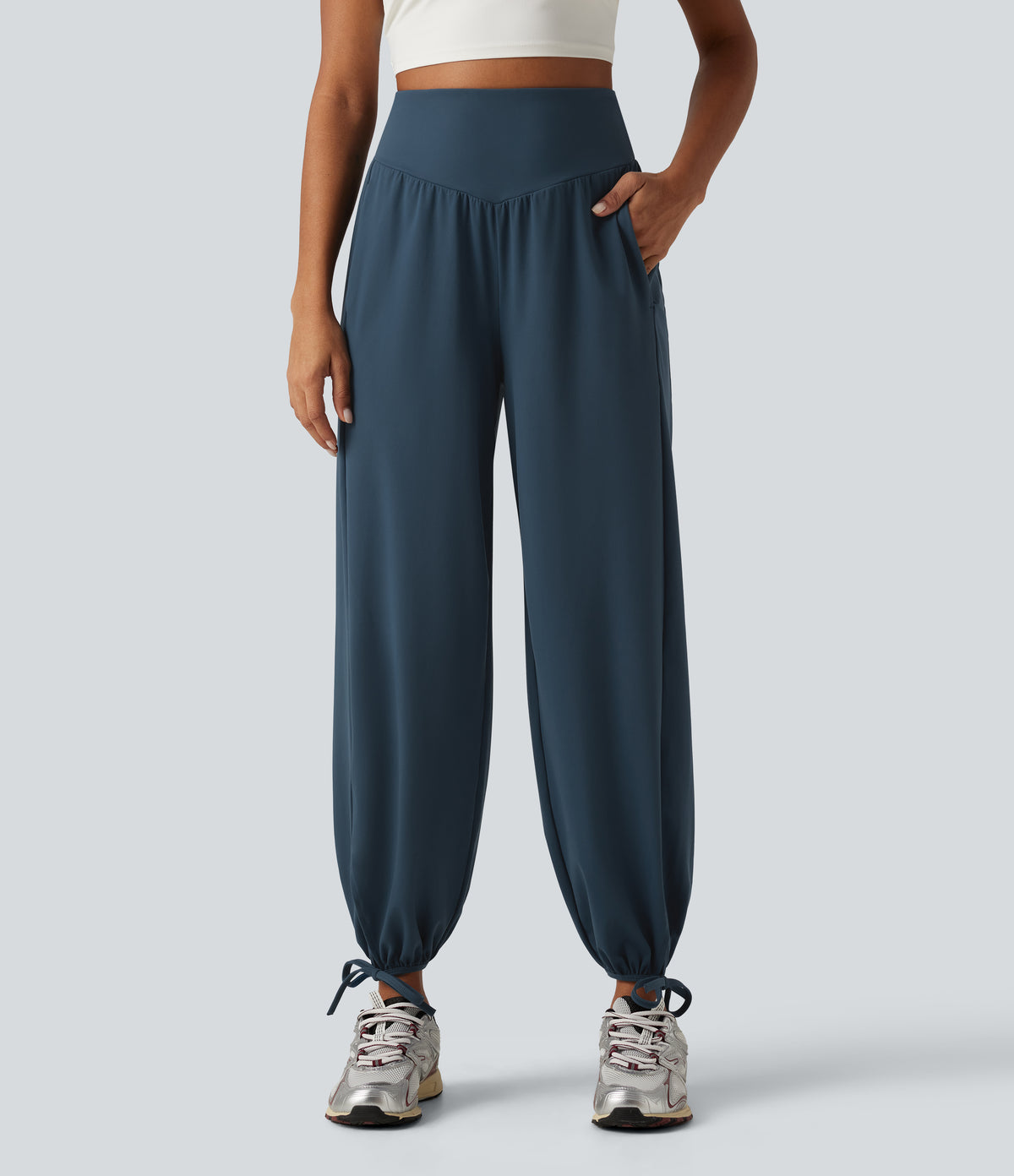 High Waisted Lace Up Yoga Joggers with Pockets — Majolica Blue — view 1