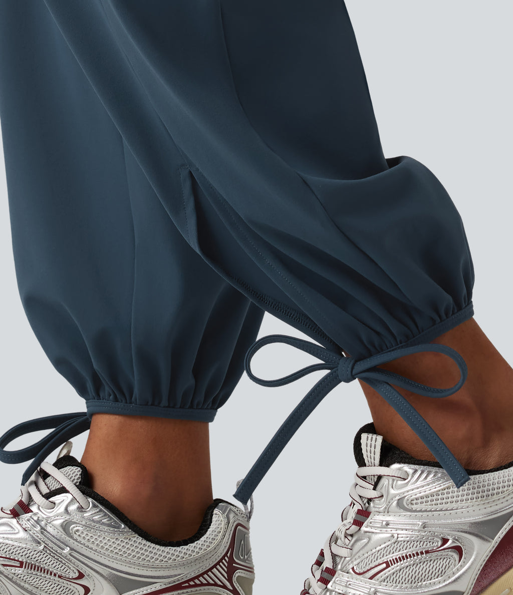 High Waisted Lace Up Yoga Joggers with Pockets — Majolica Blue — view 7