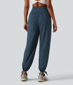 High Waisted Lace Up Yoga Joggers with Pockets — Majolica Blue — view 2