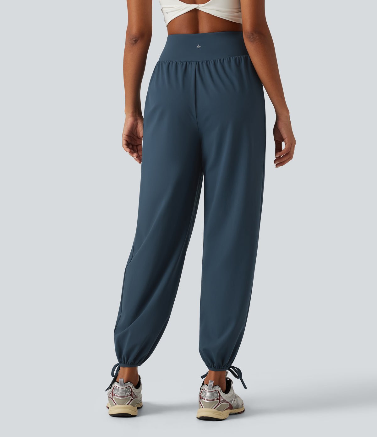 High Waisted Lace Up Yoga Joggers with Pockets — Majolica Blue — view 2