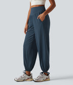 High Waisted Lace Up Yoga Joggers with Pockets — Majolica Blue — view 3