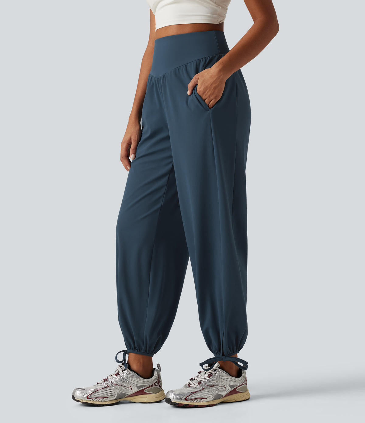 High Waisted Lace Up Yoga Joggers with Pockets — Majolica Blue — view 3
