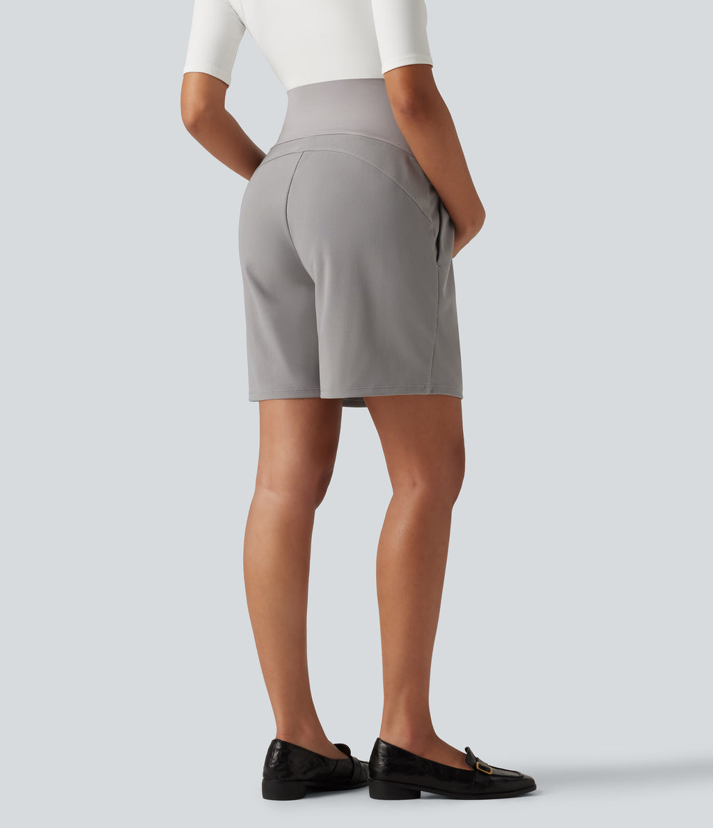 Super High Waisted Micro Waffle Work Bermuda Maternity Shorts 7" with Pockets — Satellite — view 2