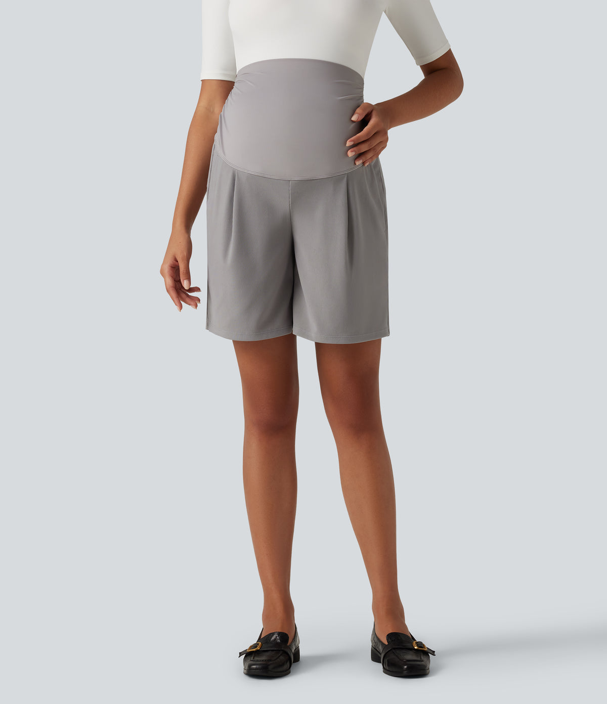 Super High Waisted Micro Waffle Work Bermuda Maternity Shorts 7" with Pockets — Satellite — view 3