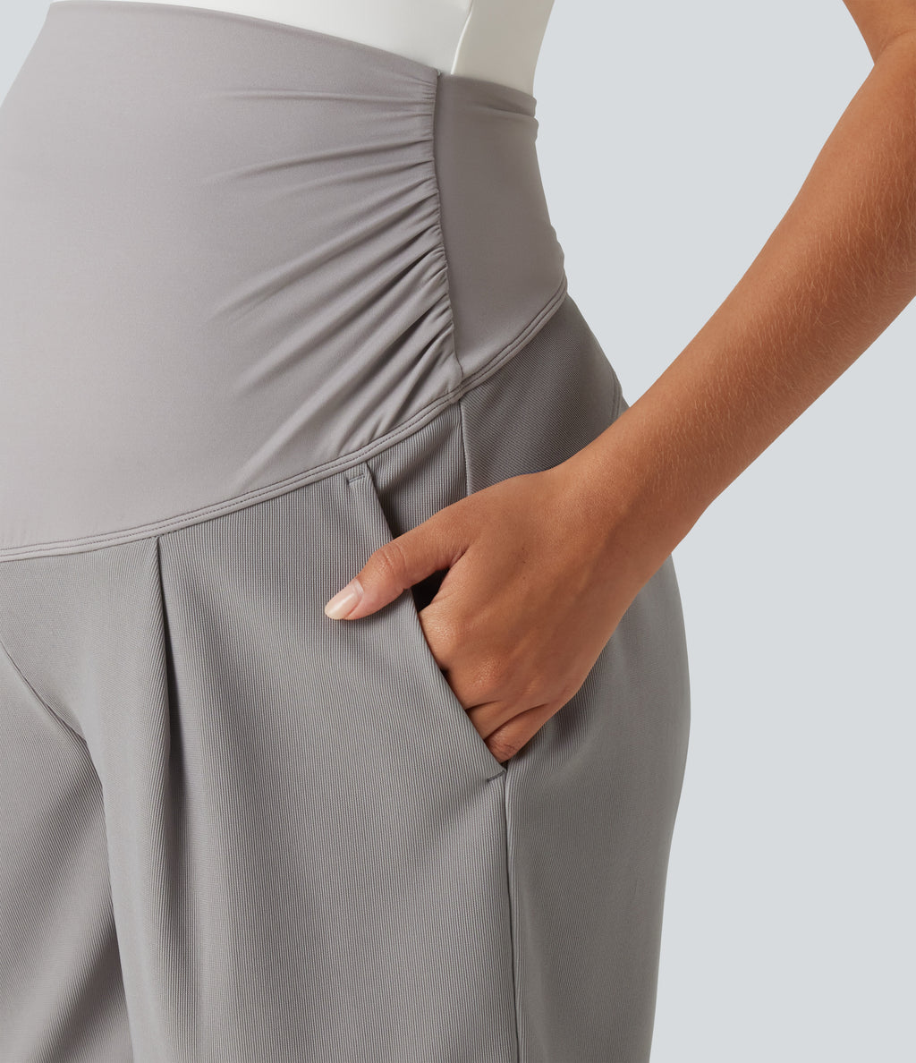 Super High Waisted Micro Waffle Work Bermuda Maternity Shorts 7" with Pockets — Satellite — view 6