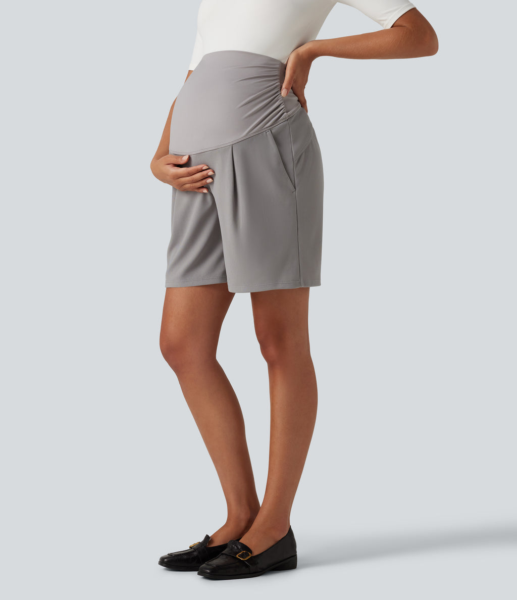 Super High Waisted Micro Waffle Work Bermuda Maternity Shorts 7" with Pockets — Satellite — view 1