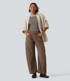 Mid Rise Barrel Leg Corduroy Casual Trousers with Pockets — Burnt Caramel — view 8