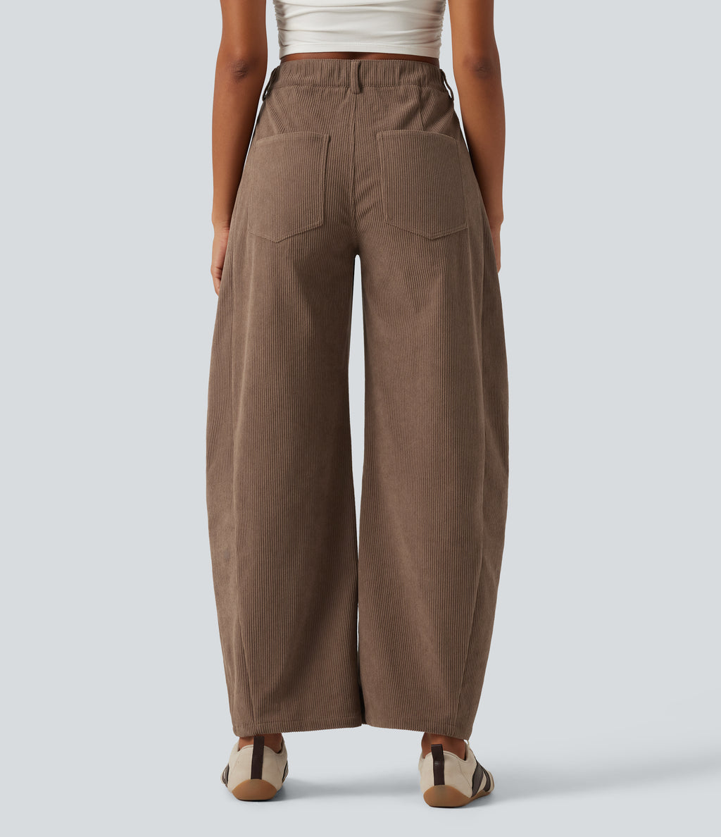 Mid Rise Barrel Leg Corduroy Casual Trousers with Pockets — Burnt Caramel — view 2