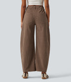 Mid Rise Barrel Leg Corduroy Casual Trousers with Pockets — Burnt Caramel — view 2