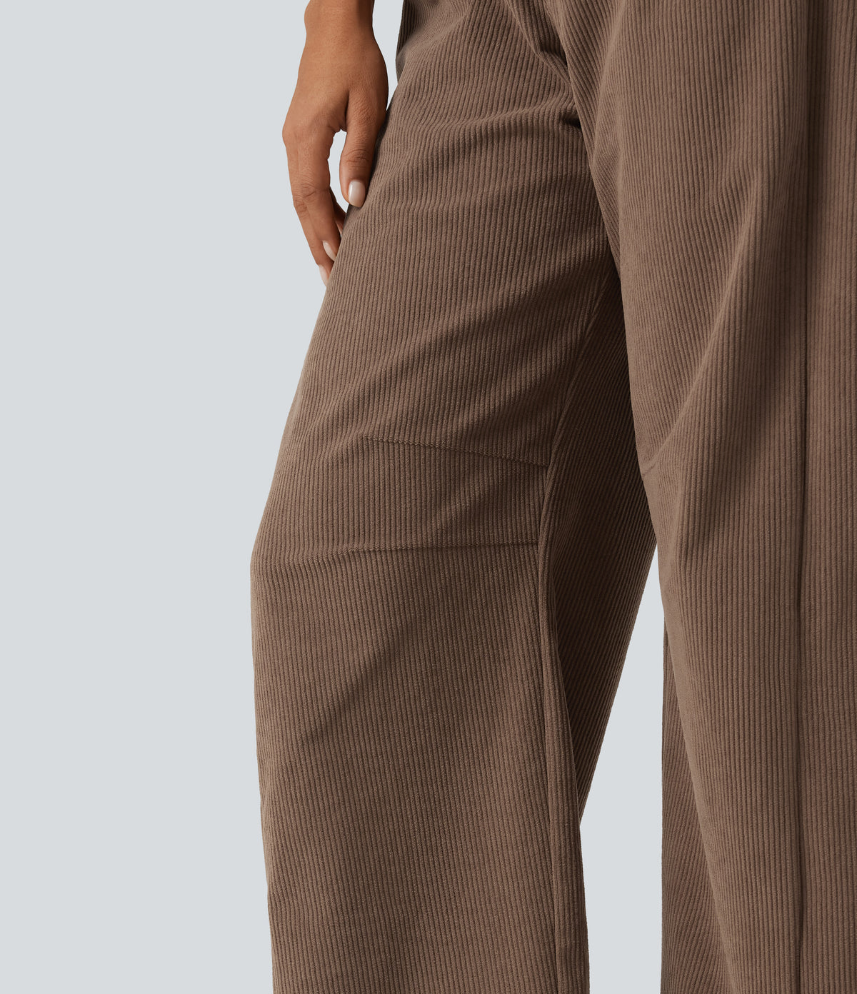Mid Rise Barrel Leg Corduroy Casual Trousers with Pockets — Burnt Caramel — view 6